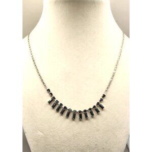 Vintage Silver-Tone Necklace With Black Rhinestone Accents & Rectangular Drop Pe